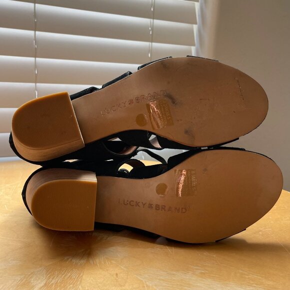 Lucky Brand Genevie Black 8.5M Lace Up Zip Back Cutout Open Toe Chunky Heels - Picture 9 of 9